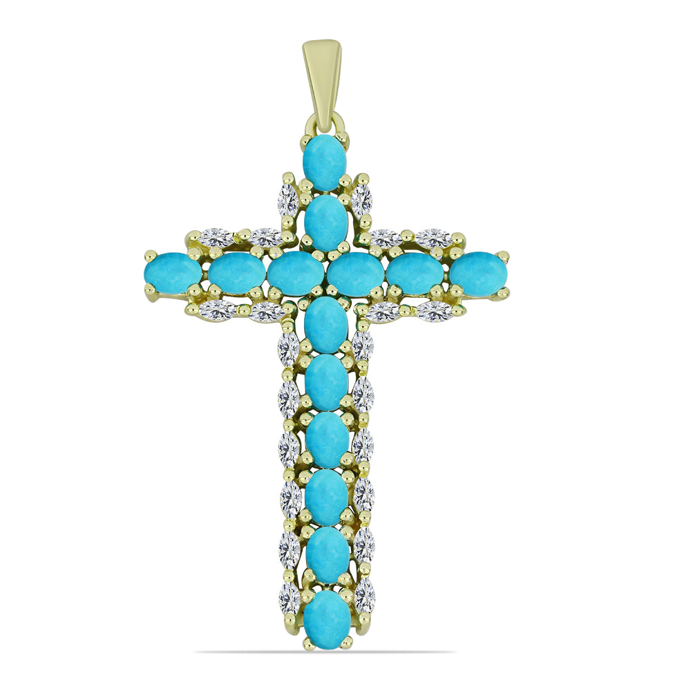 Cruce Pandantiv din Argint 925 Placat cu Aur ( 3.98 grame ) cu Turcoaz ”Frumoasa Adormită” și Zircon Alb 3.46 Carate 1 