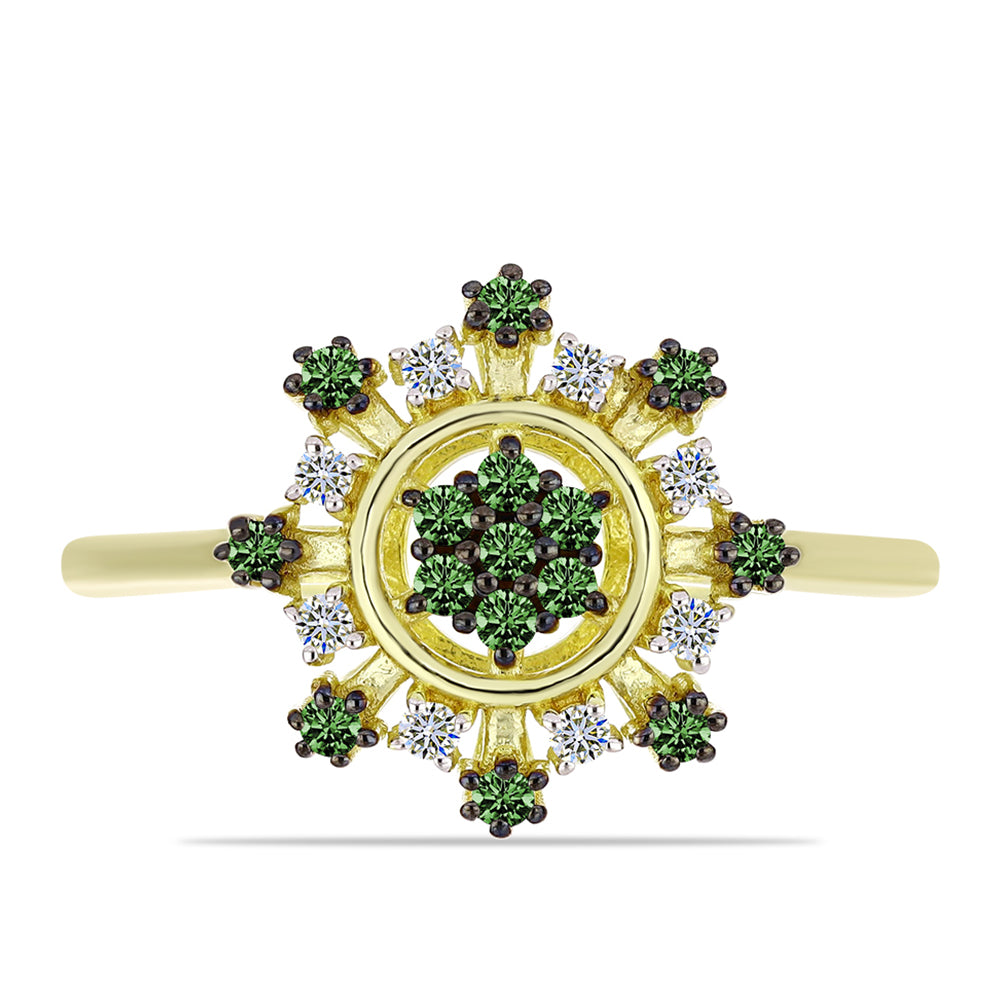 Inel din Argint 925 Placat cu Aur ( 2.27 grame ) cu Diamant Verde și Diamant Alb 0.26 Carate 1 