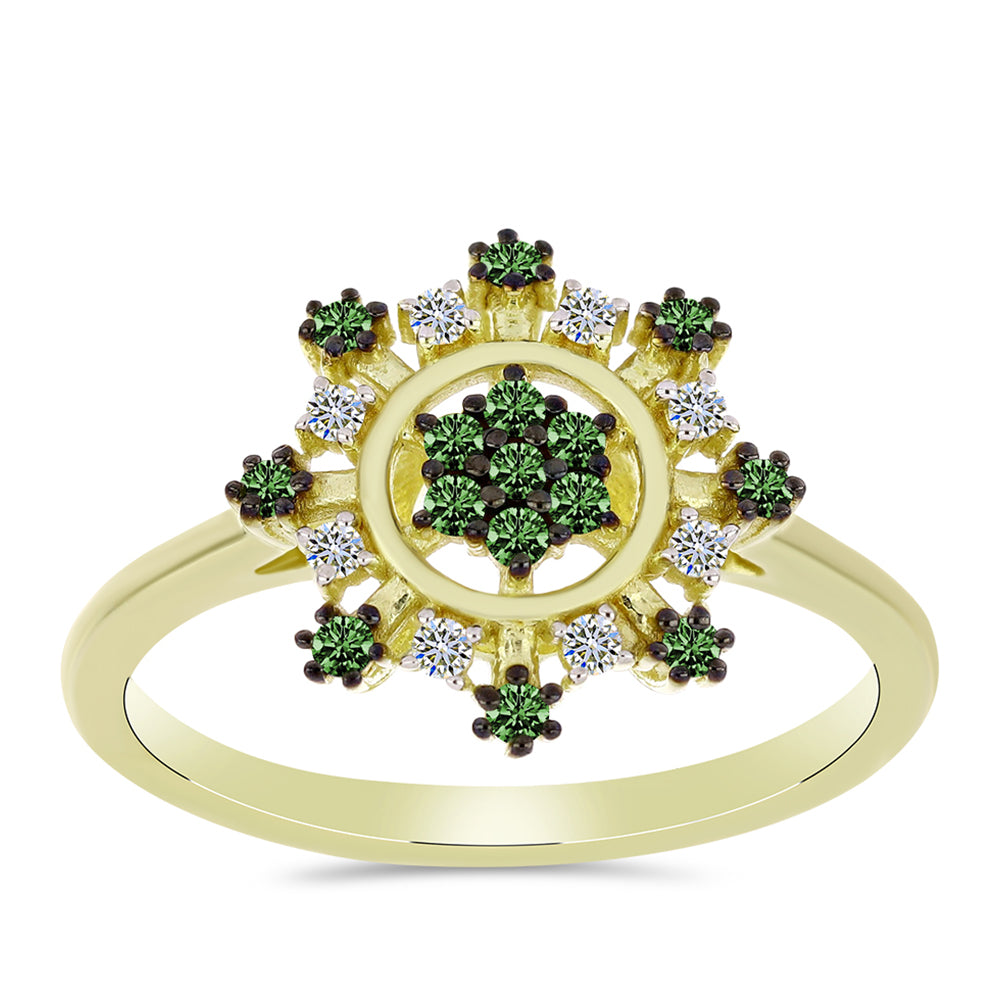Inel din Argint 925 Placat cu Aur ( 2.27 grame ) cu Diamant Verde și Diamant Alb 0.26 Carate 3 