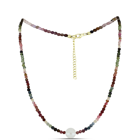Colier din Argint 925 Placat cu Aur ( 1 grame ) cu Turmalină Chakra și Perlă de Apă Dulce Albă 42 Carate