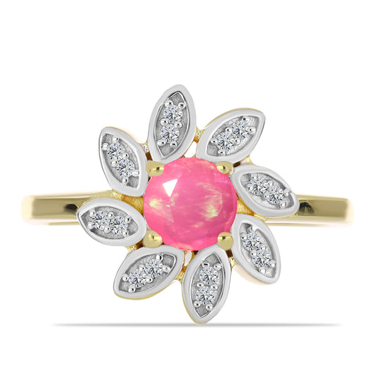 Inel din Argint 925 Placat cu Aur ( 3.19 grame ) cu Opal Etiopian Roz Lega Dembi și Topaz Alb 0.62 Carate