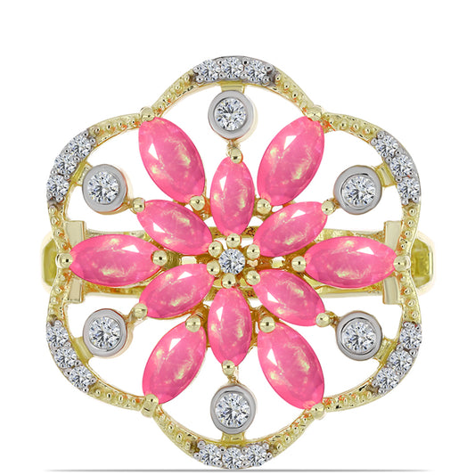 Inel din Argint 925 Placat cu Aur ( 6.07 grame ) cu Opal Etiopian Roz Lega Dembi și Topaz Alb 1.57 Carate