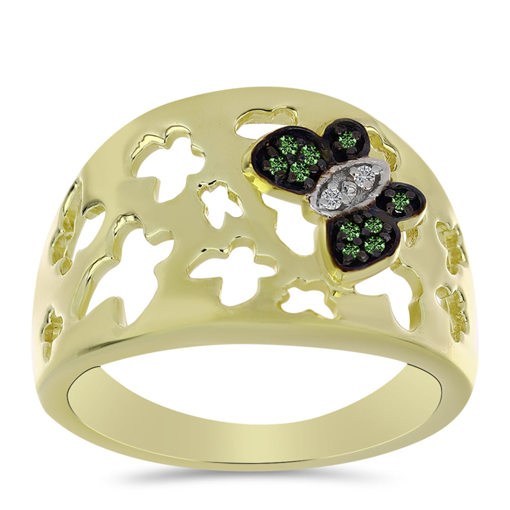 Inel din Argint 925 Placat cu Aur ( 4.47 grame ) cu Diamant Verde și Diamant Alb 0.08 Carate 3 