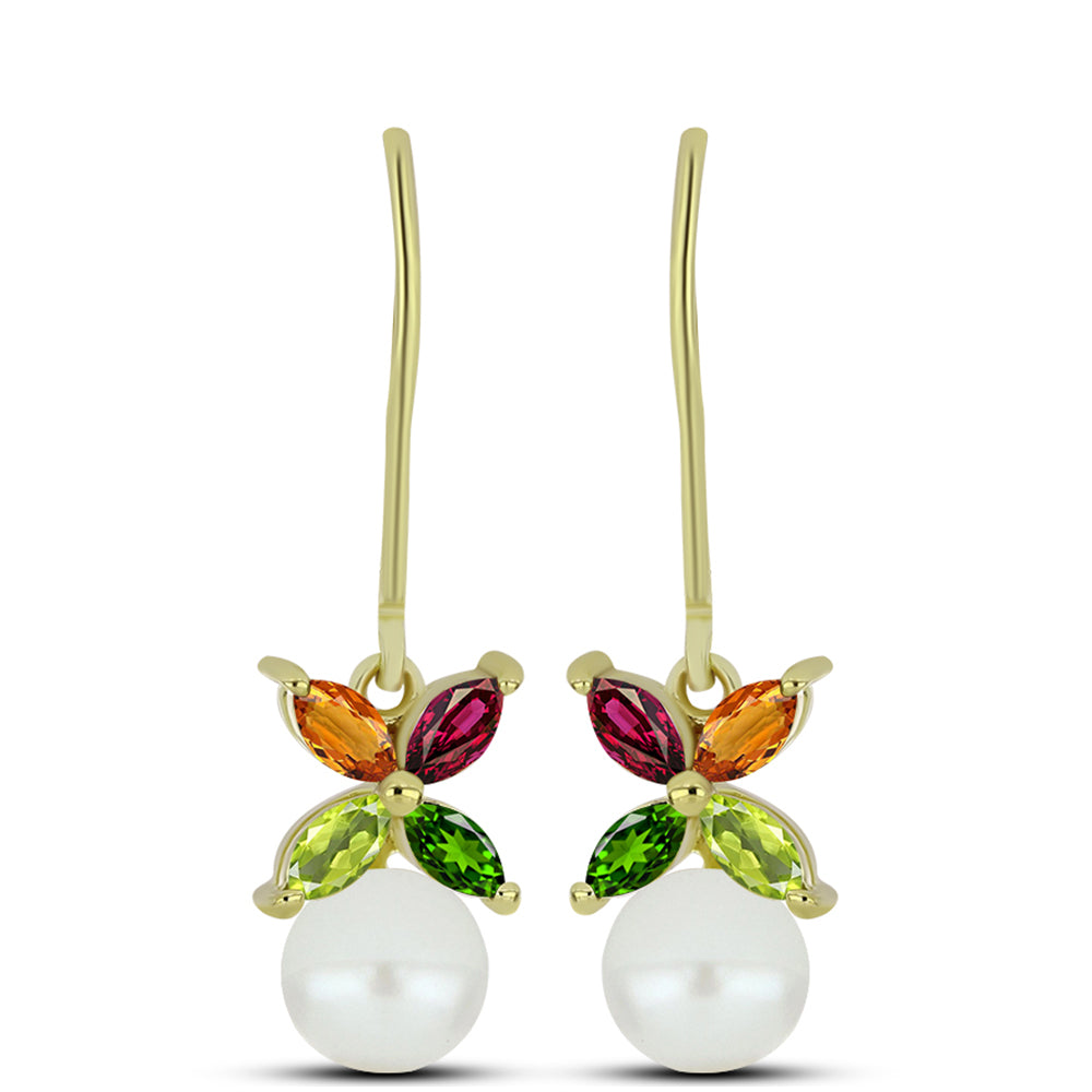 Cercei din Argint 925 Placat cu Aur ( 2.03 grame ) cu Turmalină Chakra și Perlă de Apă Dulce Albă 3.23 Carate 1 