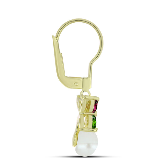 Cercei din Argint 925 Placat cu Aur ( 2.03 grame ) cu Turmalină Chakra și Perlă de Apă Dulce Albă 3.23 Carate