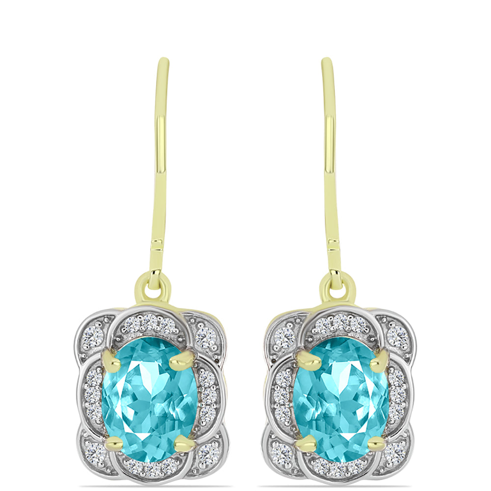 Cercei din Argint 925 Placat cu Aur ( 3.28 grame ) cu Cuarț Paraiba și Topaz Alb 2.52 Carate