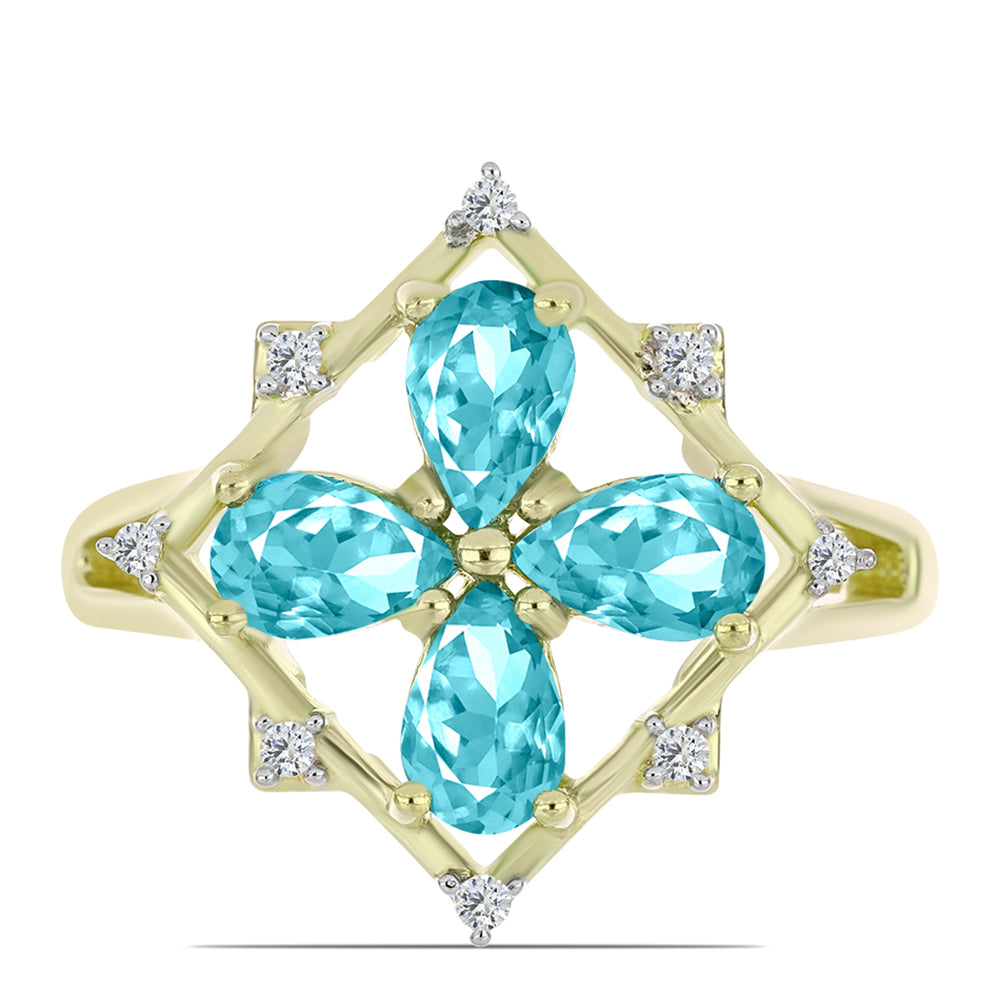 Inel din Argint 925 Placat cu Aur ( 3.38 grame ) cu Cuarț Paraiba și Topaz Alb 1.41 Carate