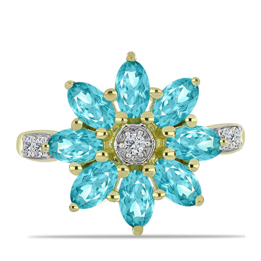 Inel din Argint 925 Placat cu Aur ( 2.93 grame ) cu Cuarț Paraiba și Topaz Alb 1.65 Carate