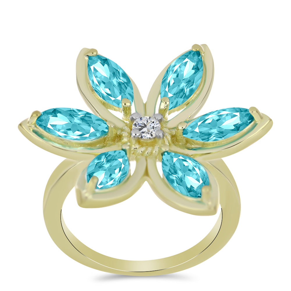 Inel din Argint 925 Placat cu Aur ( 4.86 grame ) cu Cuarț Paraiba și Topaz Alb 2.68 Carate 3 