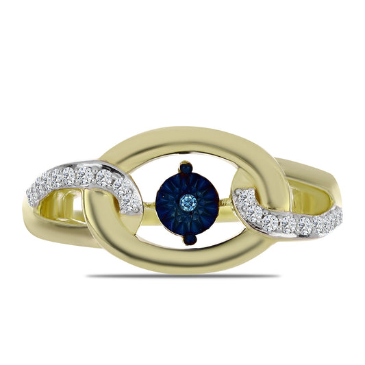Inel din Argint 925 Placat cu Aur ( 4.51 grame ) cu Diamant Albastru Dansator și Topaz Alb 0.18 Carate