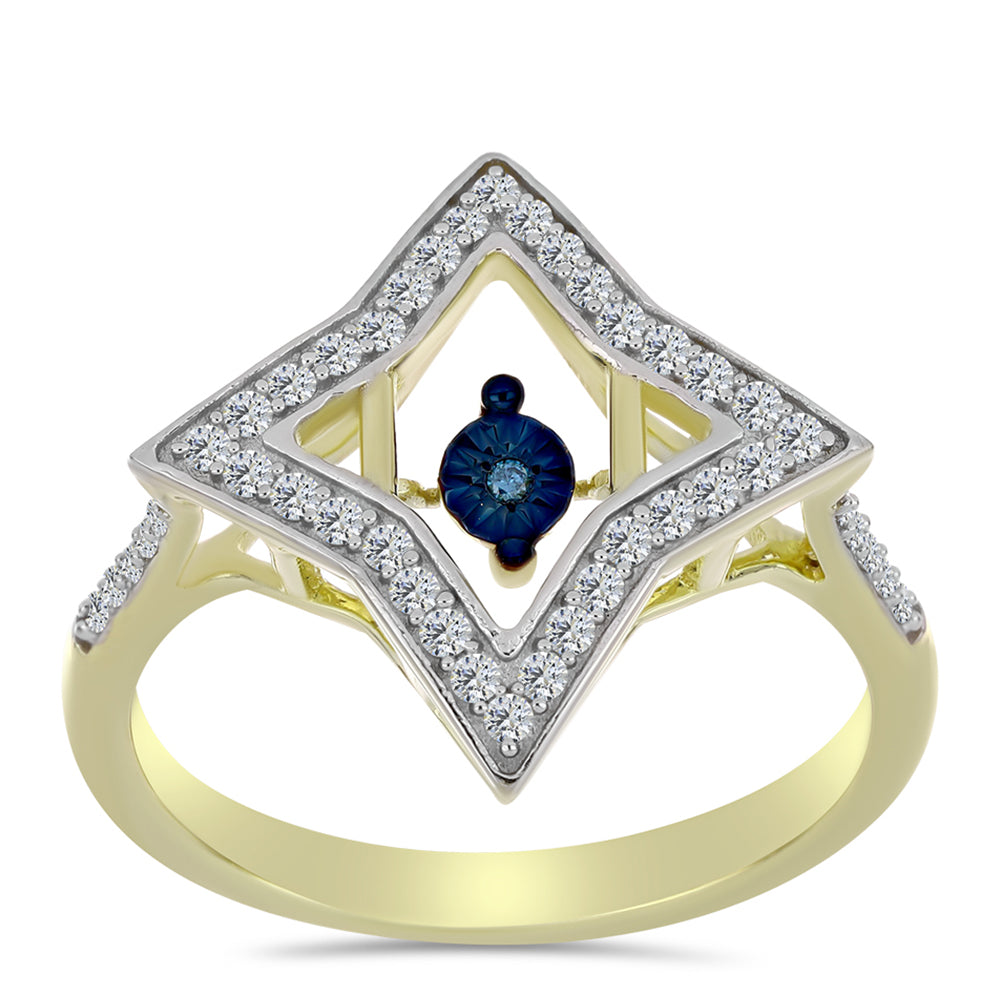 Inel din Argint 925 Placat cu Aur ( 3.25 grame ) cu Diamant Albastru Dansator și Topaz Alb 0.39 Carate 3 
