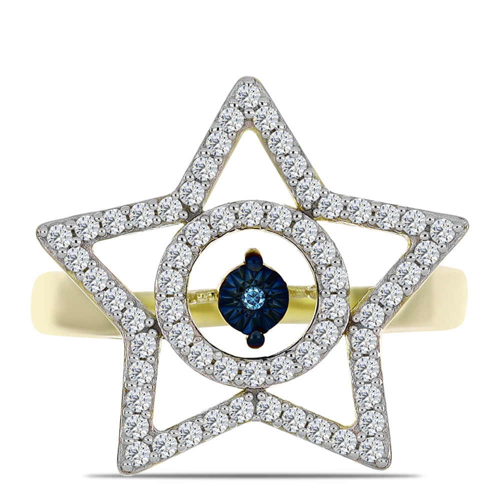 Inel din Argint 925 Placat cu Aur ( 4.96 grame ) cu Diamant Albastru Dansator și Topaz Alb 0.58 Carate
