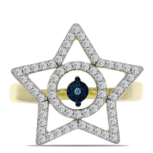 Inel din Argint 925 Placat cu Aur ( 4.96 grame ) cu Diamant Albastru Dansator și Topaz Alb 0.58 Carate