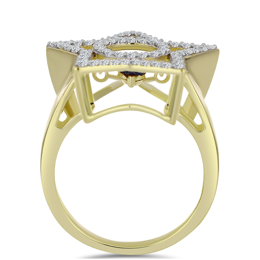 Inel din Argint 925 Placat cu Aur ( 4.96 grame ) cu Diamant Albastru Dansator și Topaz Alb 0.58 Carate 2 