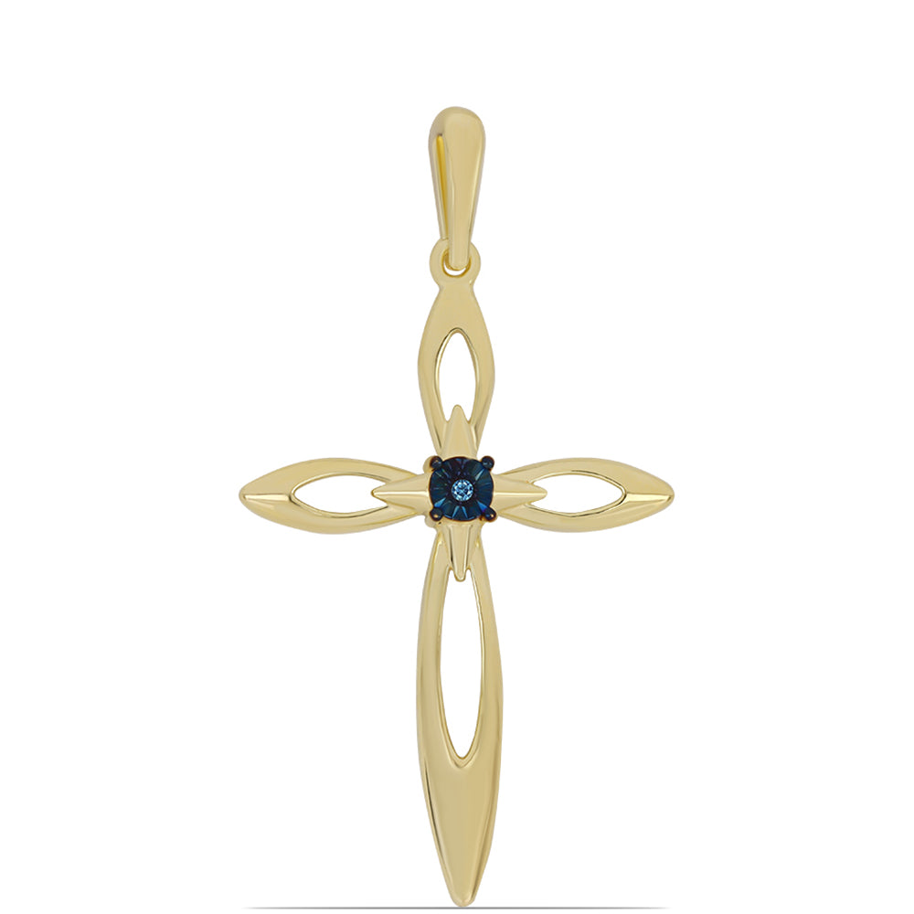 Cruce Pandantiv din Argint 925 Placat cu Aur ( 2.24 grame ) cu Diamant Albastru Dansator 0.01 Carate 1 
