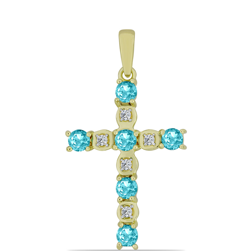 Cruce Pandantiv din Argint 925 Placat cu Aur ( 1.42 grame ) cu Cuarț Paraiba și Topaz Alb 0.89 Carate