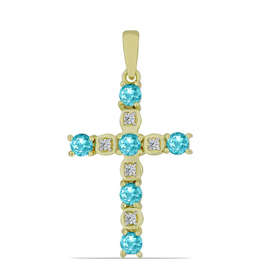 Cruce Pandantiv din Argint 925 Placat cu Aur ( 1.42 grame ) cu Cuarț Paraiba și Topaz Alb 0.89 Carate