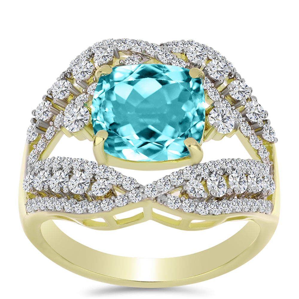 Inel din Argint 925 Placat cu Aur ( 6.25 grame ) cu Cuarț Paraiba și Topaz Alb 5.79 Carate 7 