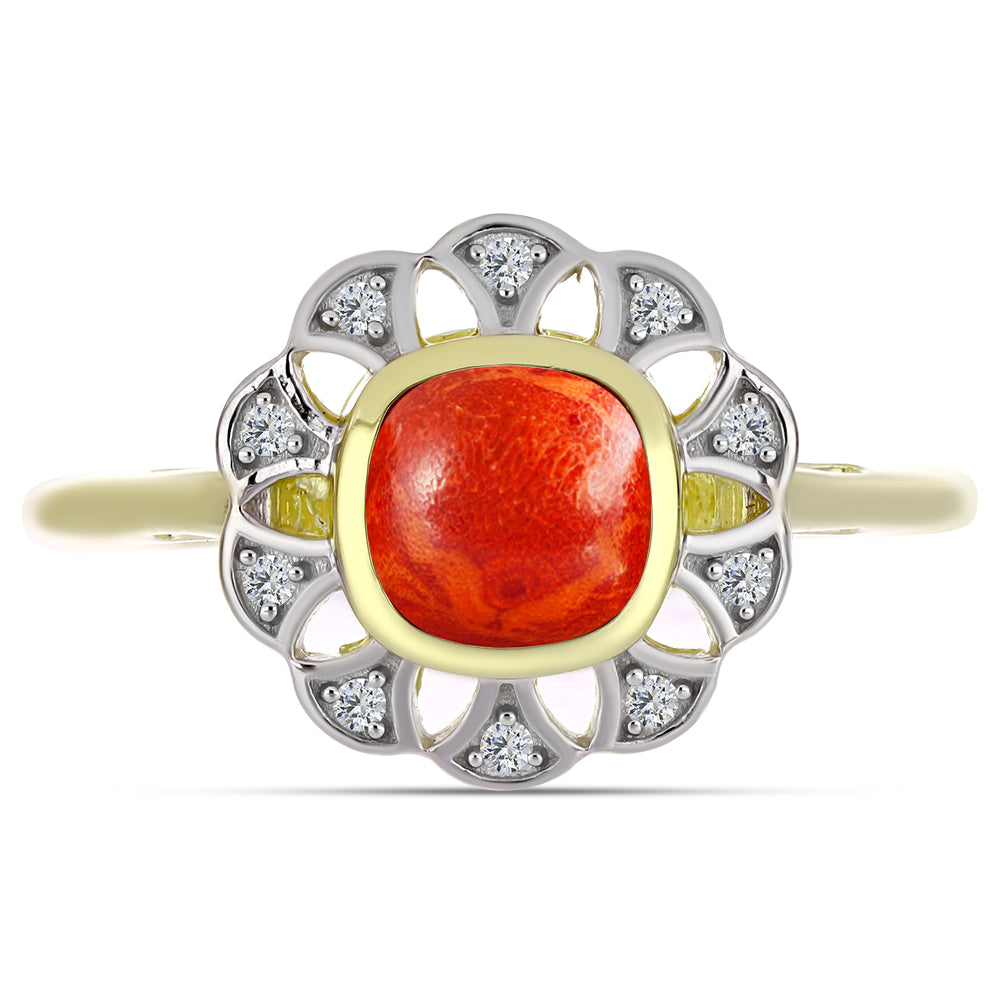 Inel din Argint 925 Placat cu Aur ( 2.87 grame ) cu Coral Roșu Burete și Topaz Alb 1.05 Carate