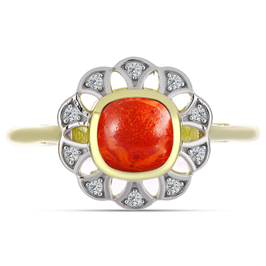 Inel din Argint 925 Placat cu Aur ( 2.87 grame ) cu Coral Roșu Burete și Topaz Alb 1.05 Carate