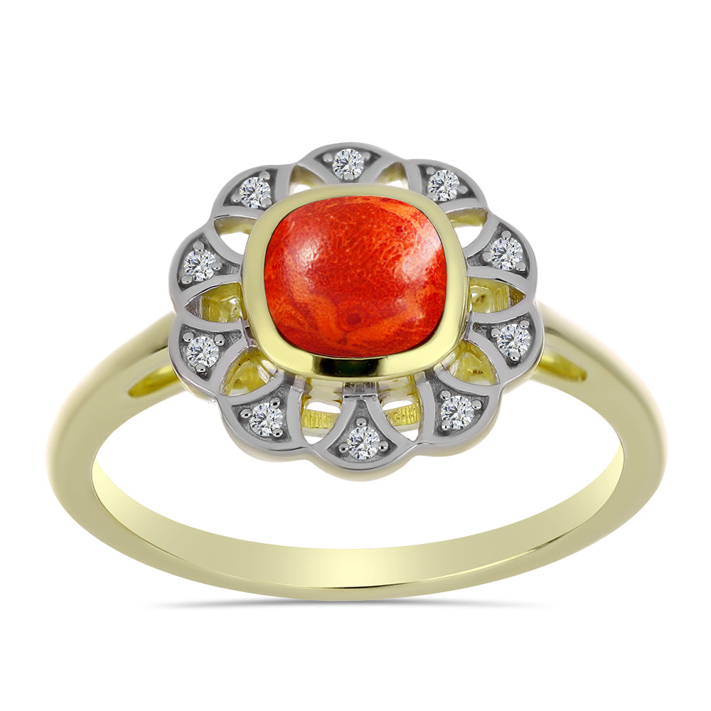 Inel din Argint 925 Placat cu Aur ( 2.87 grame ) cu Coral Roșu Burete și Topaz Alb 1.05 Carate 3 