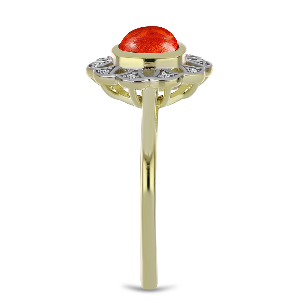 Inel din Argint 925 Placat cu Aur ( 2.87 grame ) cu Coral Roșu Burete și Topaz Alb 1.05 Carate 4 