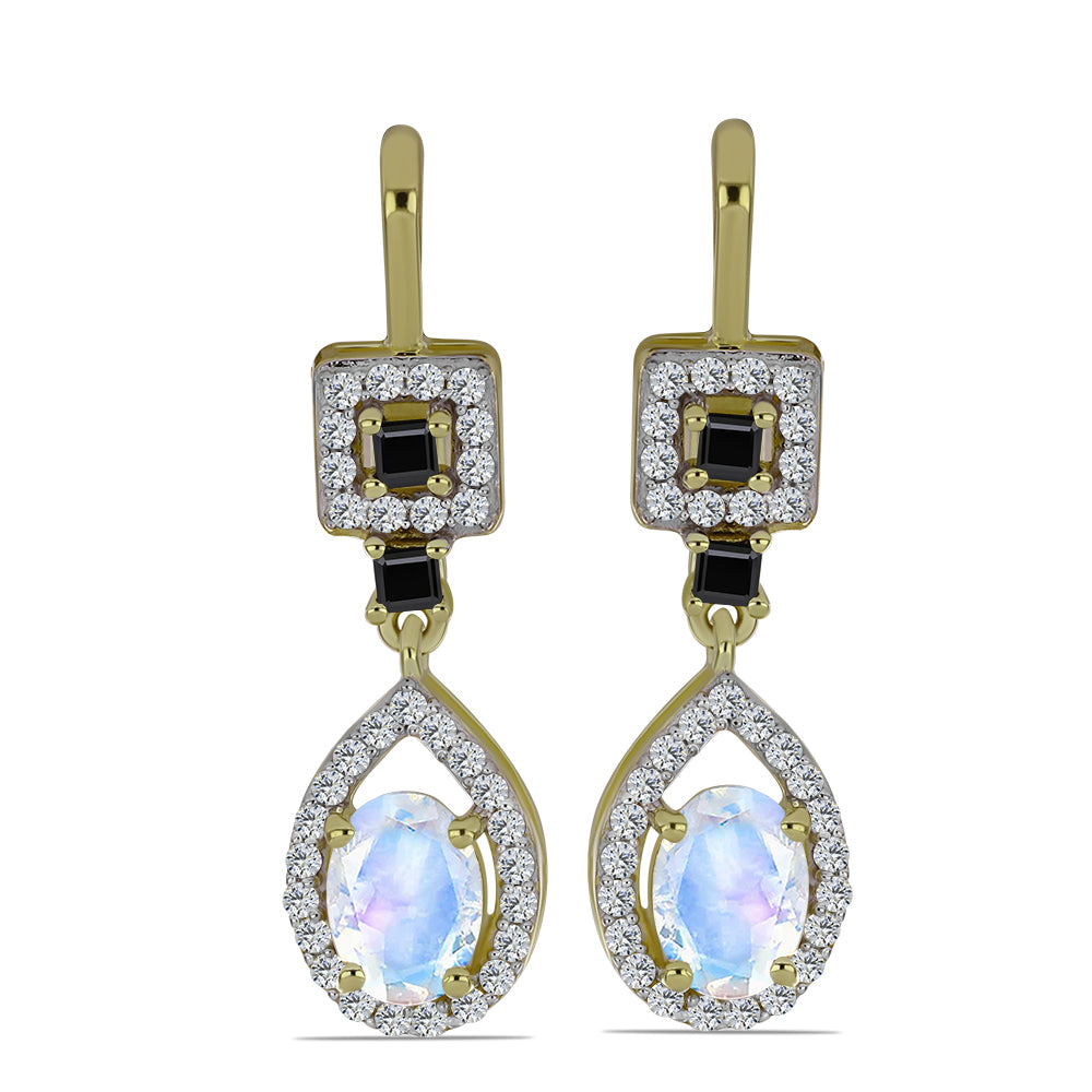 Cercei din Argint 925 Placat cu Aur ( 4.21 grame ) cu Piatra Lunii Curcubeu și Spinel Negru 2.35 Carate 1 