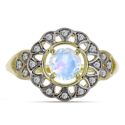 Inel din Argint 925 Placat cu Aur ( 3.19 grame ) cu Piatra Lunii Curcubeu și Topaz Alb 1.02 Carate