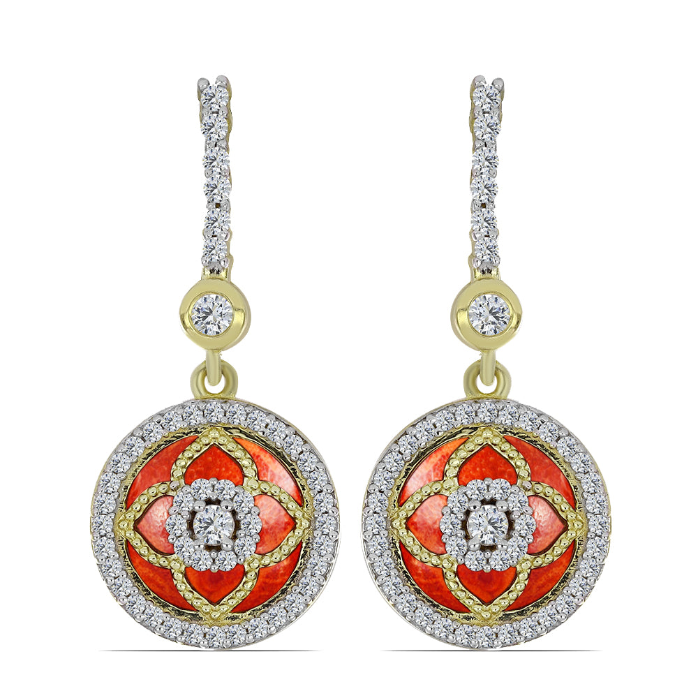 Cercei din Argint 925 Placat cu Aur ( 5.31 grame ) cu Coral Roșu Burete și Topaz Alb 5.13 Carate 1 