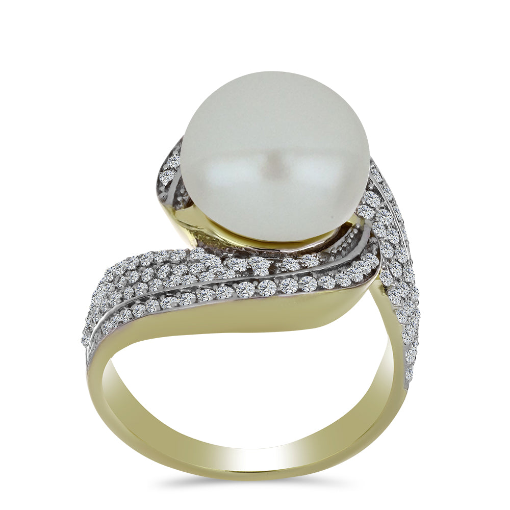Inel din Argint 925 Placat cu Aur ( 7.04 grame ) cu Perlă de Apă Dulce Albă și Topaz Alb 11.22 Carate