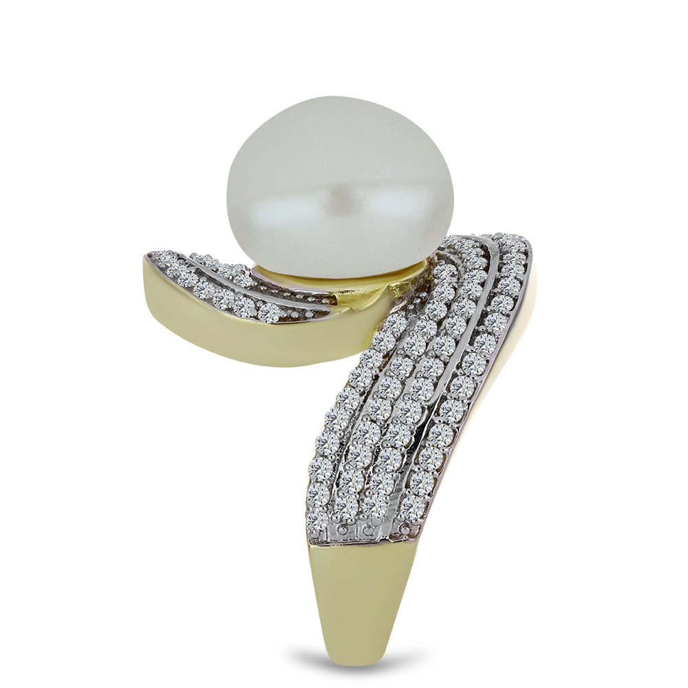 Inel din Argint 925 Placat cu Aur ( 7.04 grame ) cu Perlă de Apă Dulce Albă și Topaz Alb 11.22 Carate 4 