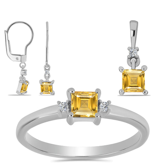 Set din Argint 925 ( 3.4 grame ) cu Citrin Ural și Topaz Alb 1.47 Carate ( Cercei+Inel+Pandantiv )