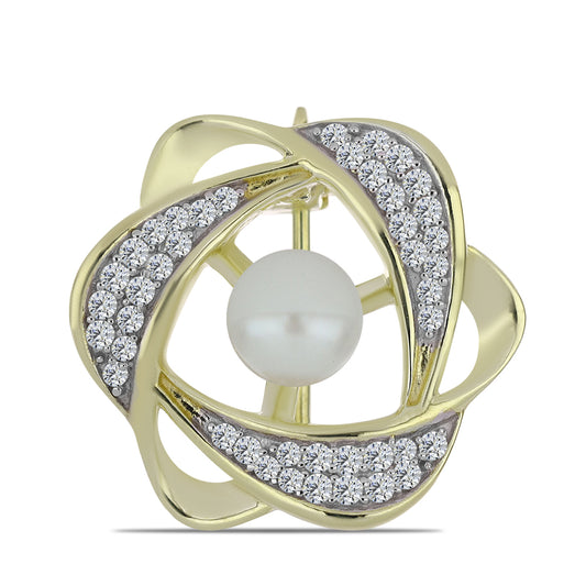 Broşă din Argint 925 Placat cu Aur ( 3.16 grame ) cu Perlă de Apă Dulce Albă și Topaz Alb 1.59 Carate