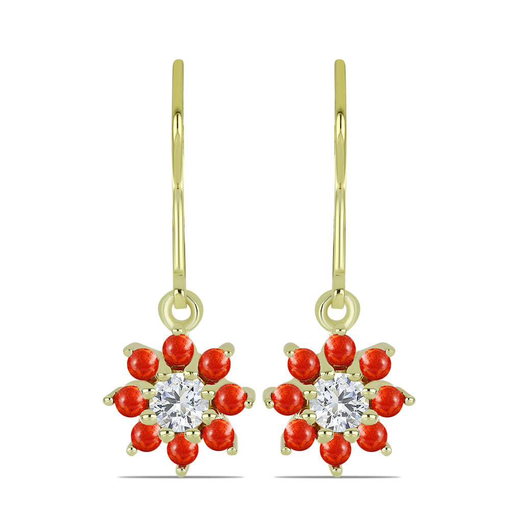 Cercei din Argint 925 Placat cu Aur ( 2.25 grame ) cu Coral Roșu Burete și Topaz Alb 1.25 Carate 1 