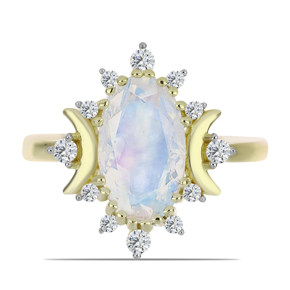 Inel din Argint 925 Placat cu Aur ( 3.1 grame ) cu Piatra Lunii Curcubeu și Topaz Alb 2.83 Carate 1 