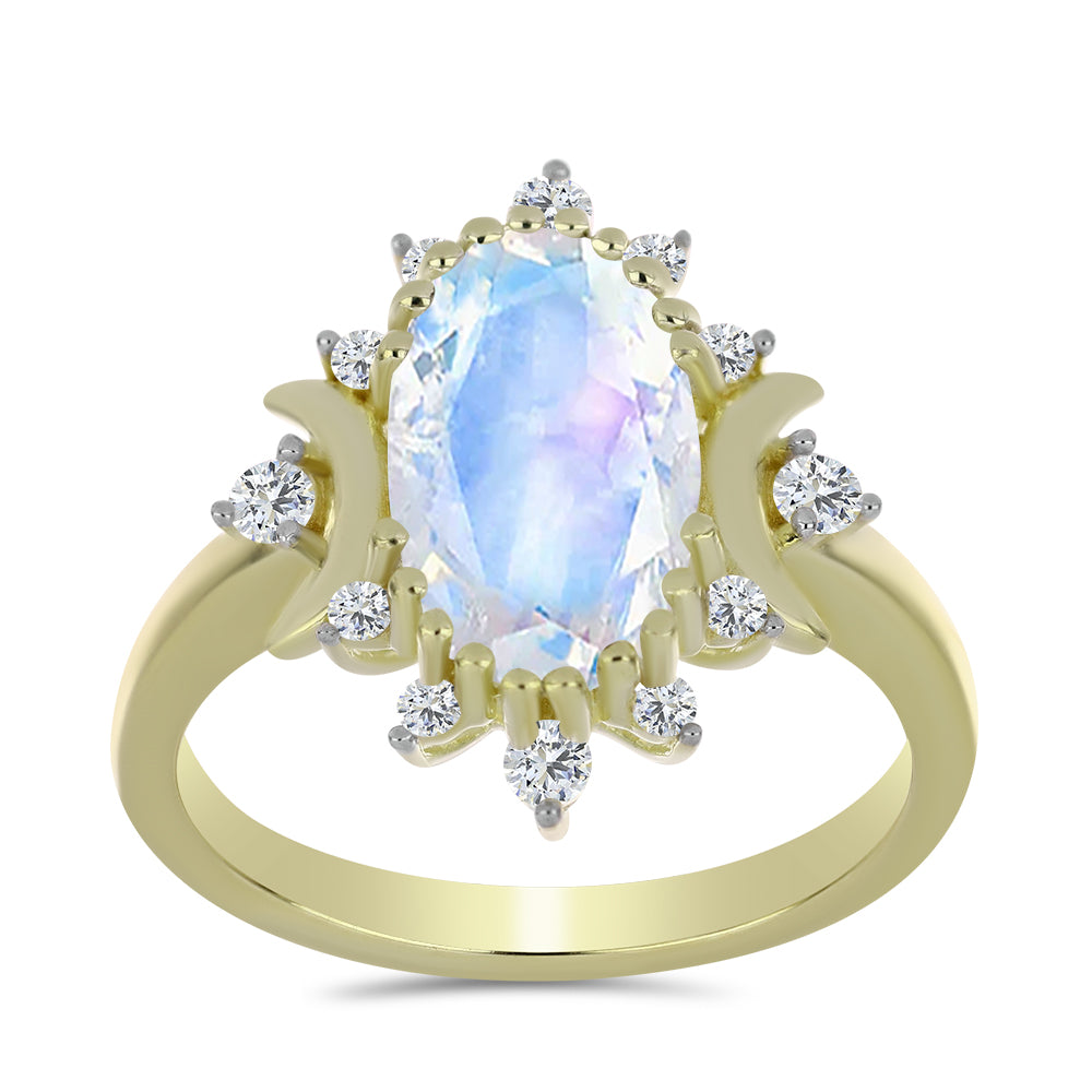 Inel din Argint 925 Placat cu Aur ( 3.1 grame ) cu Piatra Lunii Curcubeu și Topaz Alb 2.83 Carate 3 