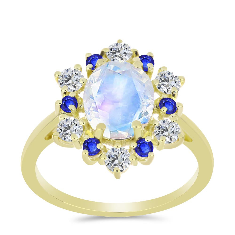 Inel din Argint 925 Placat cu Aur ( 2.69 grame ) cu Piatra Lunii Curcubeu și Safir Albastru Australian 3.53 Carate 3 