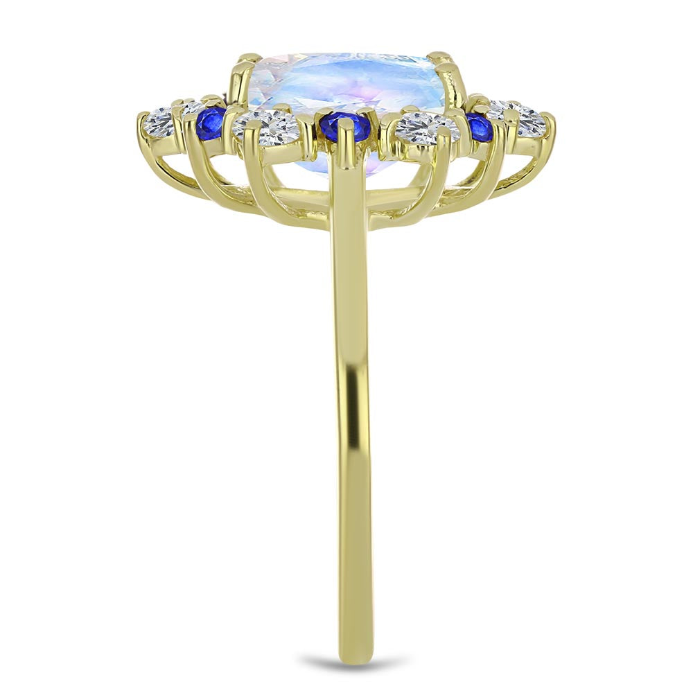 Inel din Argint 925 Placat cu Aur ( 2.69 grame ) cu Piatra Lunii Curcubeu și Safir Albastru Australian 3.53 Carate