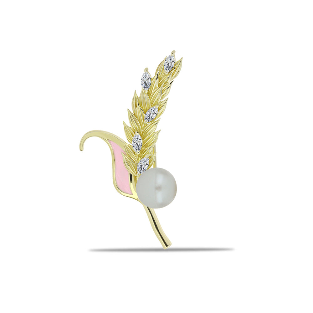 Broşă din Argint 925 Placat cu Aur ( 4.34 grame ) cu Perlă de Apă Dulce Albă și Topaz Alb 3.39 Carate