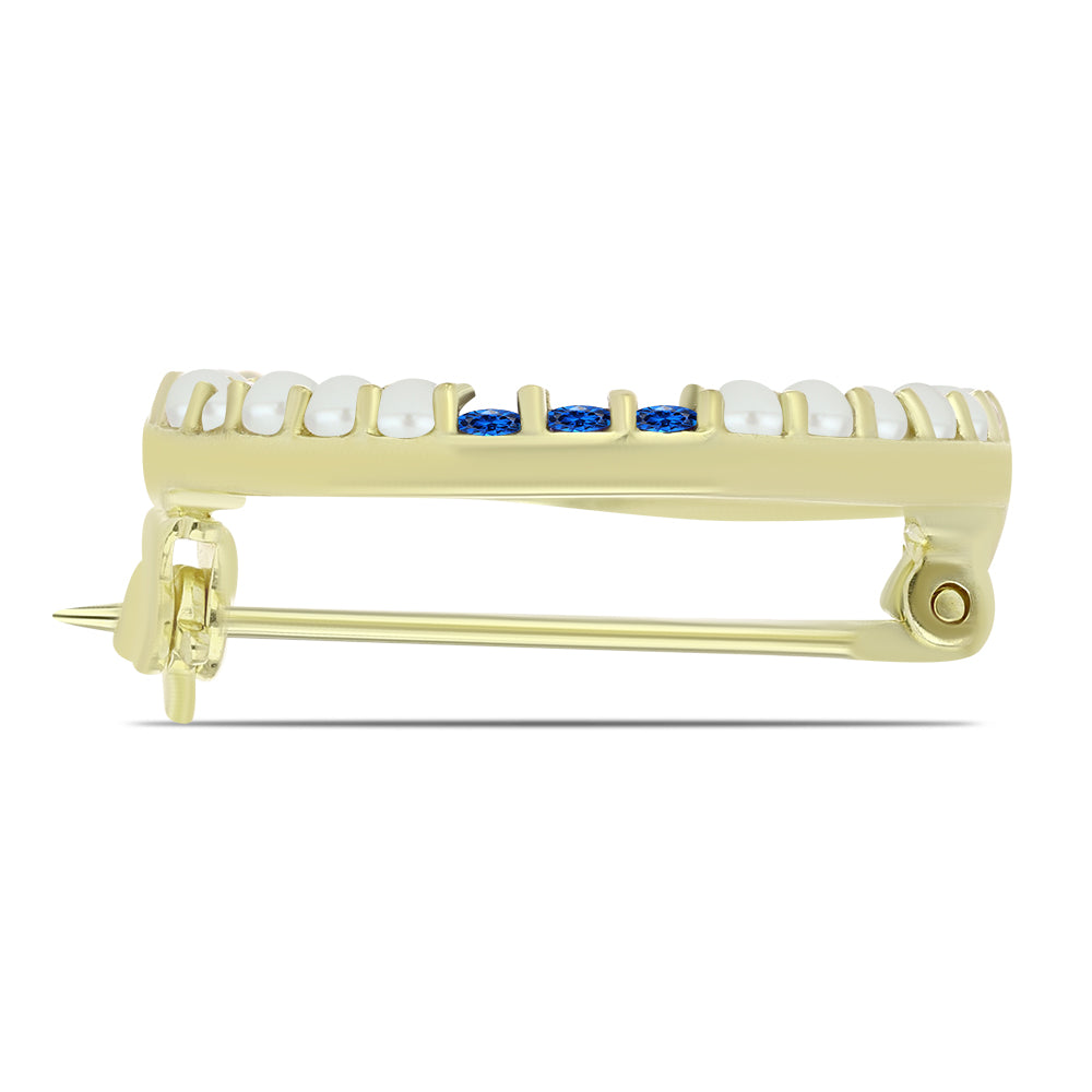 Broşă din Argint 925 Placat cu Aur ( 2.16 grame ) cu Perlă de Apă Dulce Albă și Safir Albastru Australian 1.41 Carate 2 