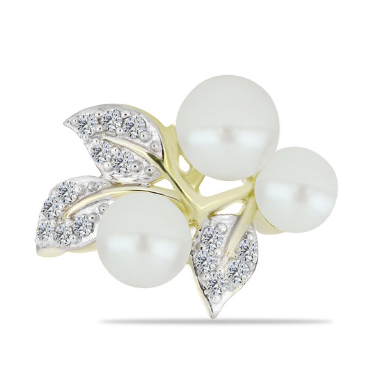 Inel din Argint 925 Placat cu Aur ( 4.35 grame ) cu Perlă de Apă Dulce Albă și Topaz Alb 6.37 Carate