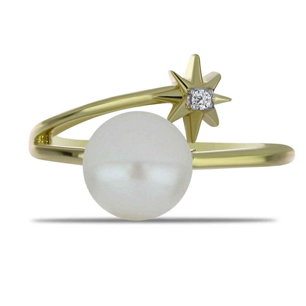 Inel din Argint 925 Placat cu Aur ( 2.65 grame ) cu Perlă de Apă Dulce Albă și Topaz Alb 2.86 Carate 1 