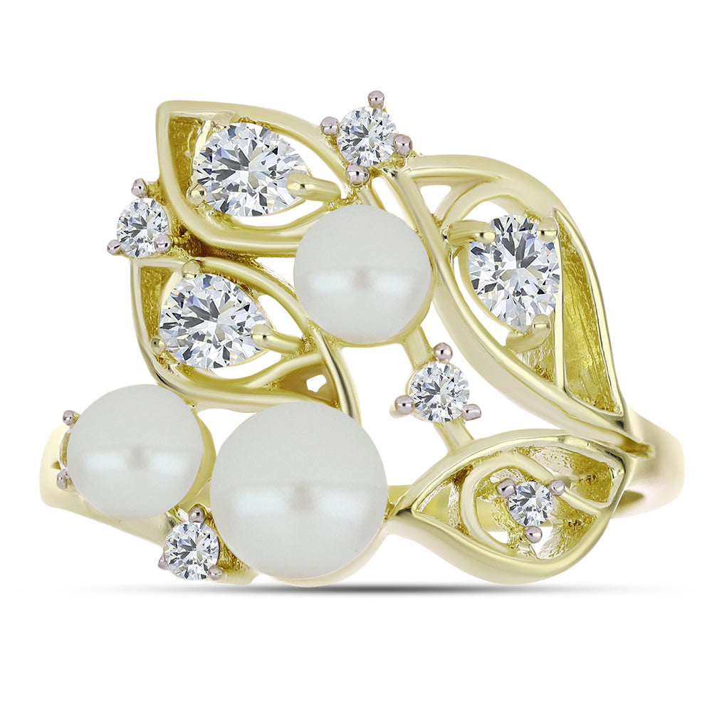 Inel din Argint 925 Placat cu Aur ( 3.79 grame ) cu Perlă de Apă Dulce Albă și Topaz Alb 4.82 Carate 1 