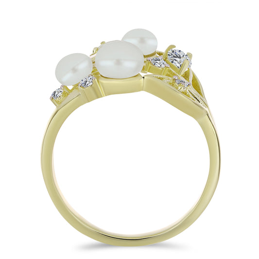 Inel din Argint 925 Placat cu Aur ( 3.79 grame ) cu Perlă de Apă Dulce Albă și Topaz Alb 4.82 Carate