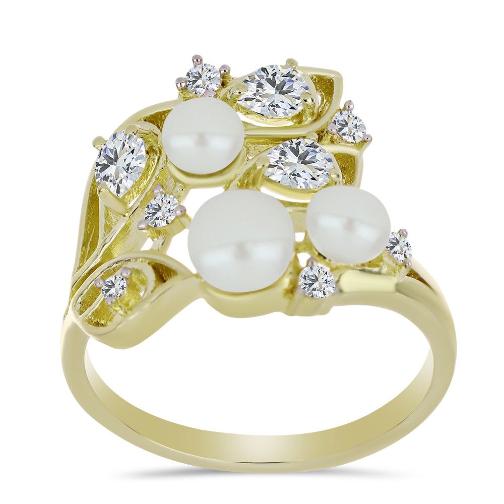 Inel din Argint 925 Placat cu Aur ( 3.79 grame ) cu Perlă de Apă Dulce Albă și Topaz Alb 4.82 Carate 3 