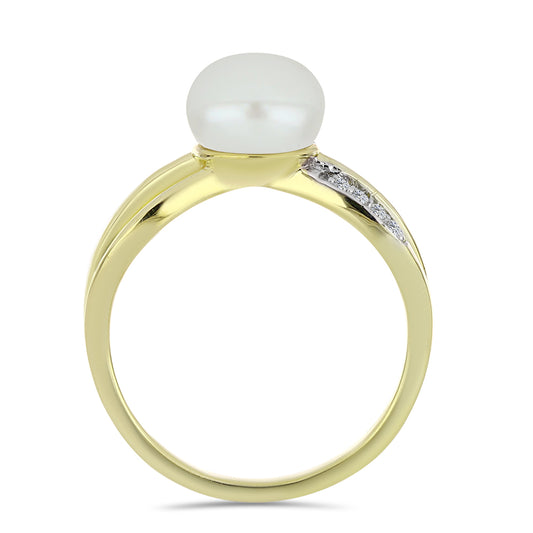 Inel din Argint 925 Placat cu Aur ( 3.17 grame ) cu Perlă de Apă Dulce Albă și Topaz Alb 3 Carate