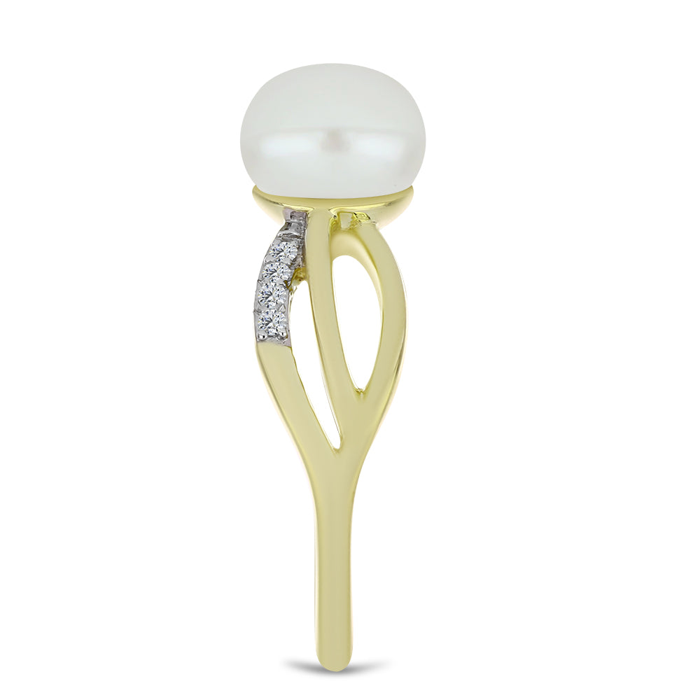 Inel din Argint 925 Placat cu Aur ( 3.17 grame ) cu Perlă de Apă Dulce Albă și Topaz Alb 3 Carate 4 