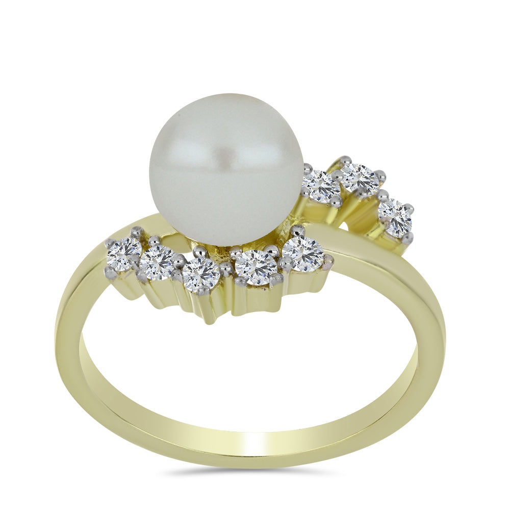 Inel din Argint 925 Placat cu Aur ( 2.71 grame ) cu Perlă de Apă Dulce Albă și Topaz Alb 3.3 Carate 3 