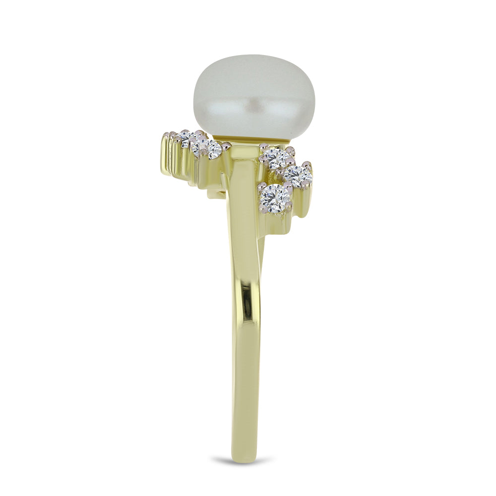 Inel din Argint 925 Placat cu Aur ( 2.71 grame ) cu Perlă de Apă Dulce Albă și Topaz Alb 3.3 Carate
