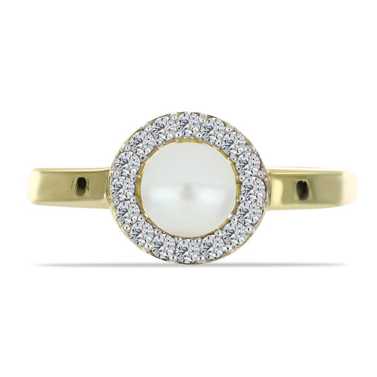 Inel din Argint 925 Placat cu Aur ( 2.55 grame ) cu Perlă de Apă Dulce Albă și Topaz Alb 1.47 Carate